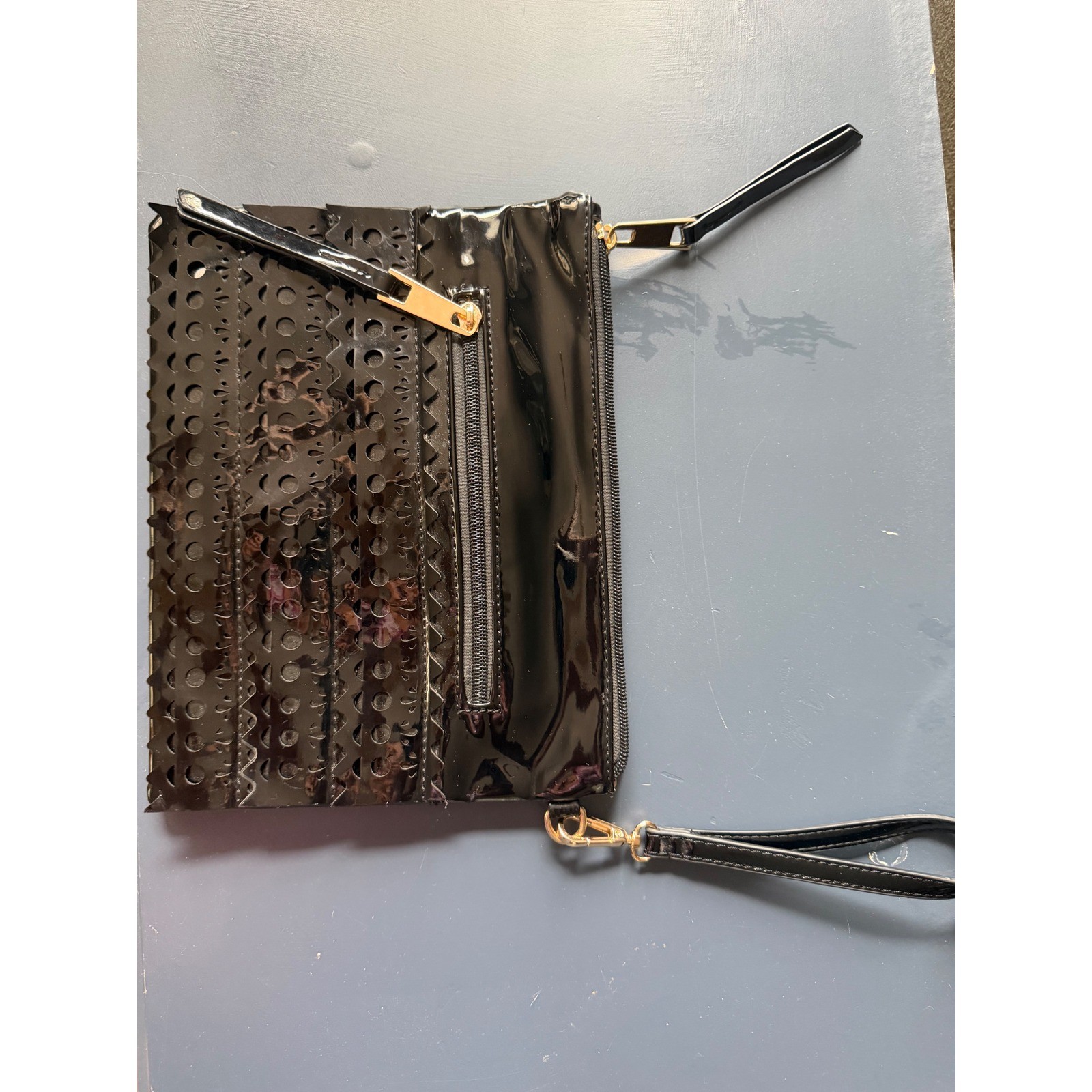 Sondra Roberts Squared Black Patent Laser Cut Eyelet Wristlet Clutch Bag