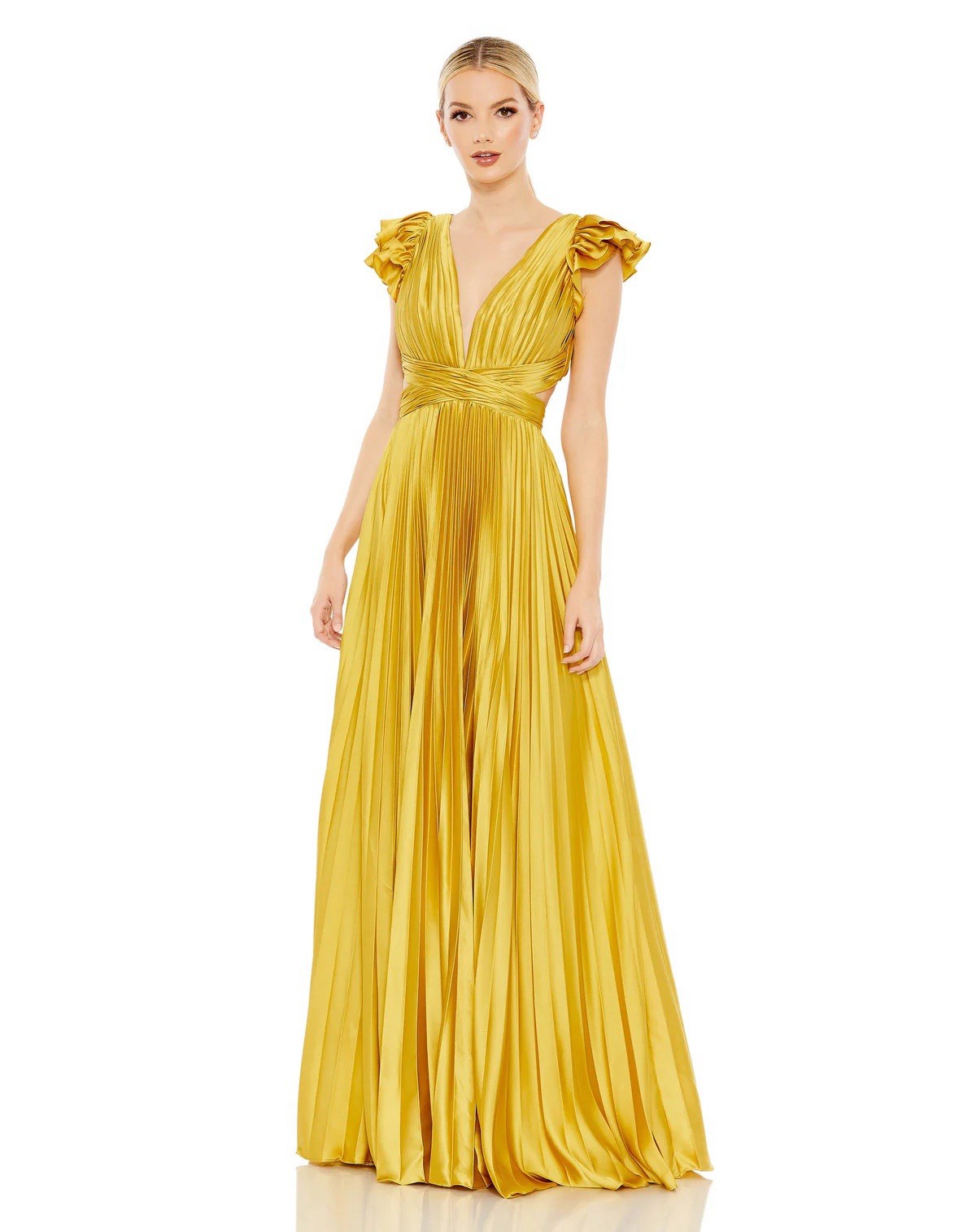 Mac Duggal Size 0 Chartreuse 26729 Pleated Flutter Sleeve V Lace-Up Gown Dress