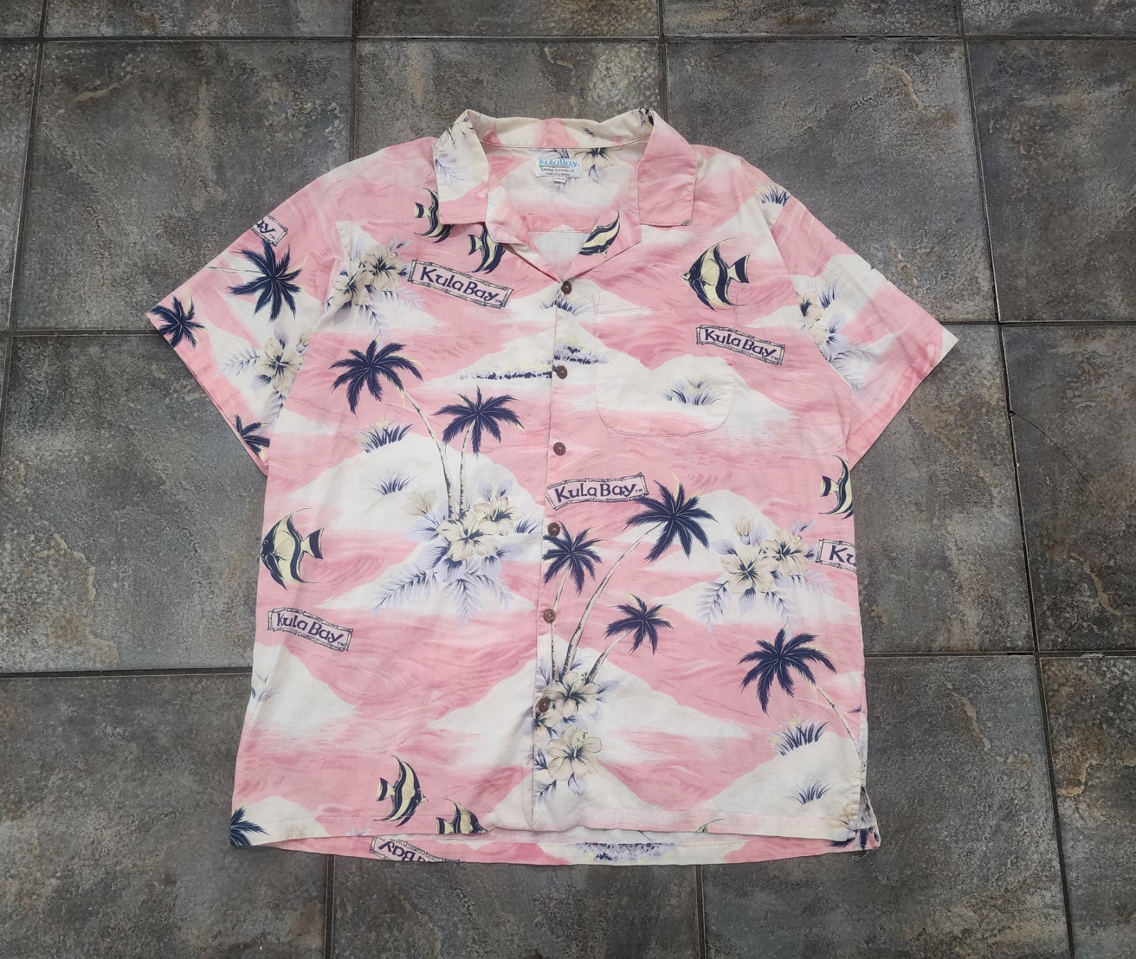 Vintage 90s Kula Bay Men’s Large Pink Tropical Floral Hawaiian Button Up Shirt
