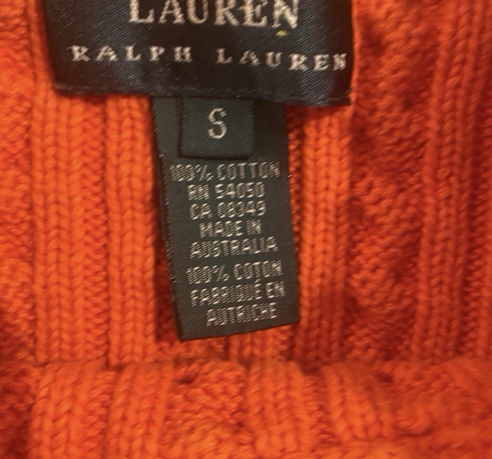 Lauren Ralph Lauren Orange Cable-Knit Crew Neck Pullover Cotton S