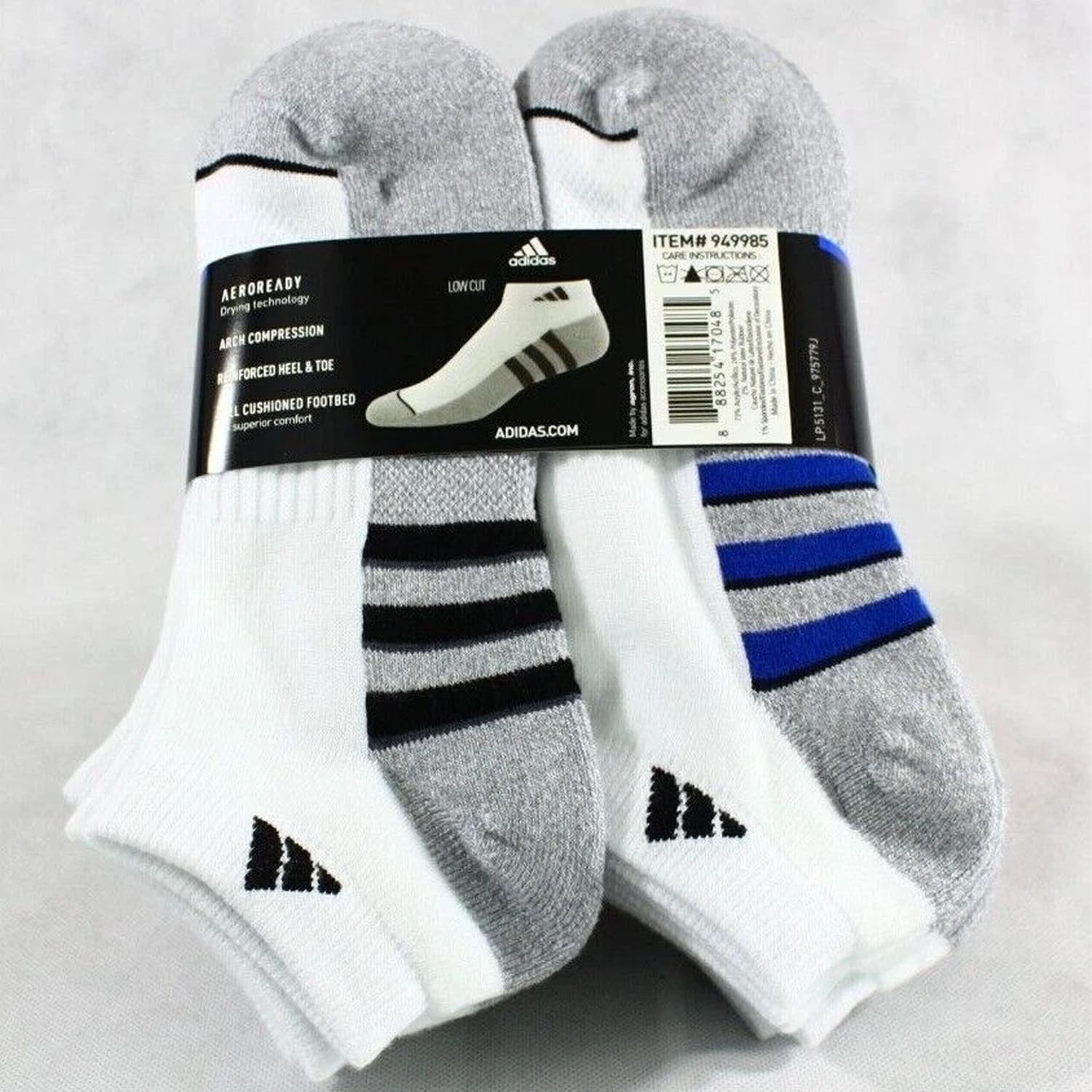 Adidas Aeroready Cushioned Low Cut Socks 6 Pair White Black Blue Men’s Size 6-12