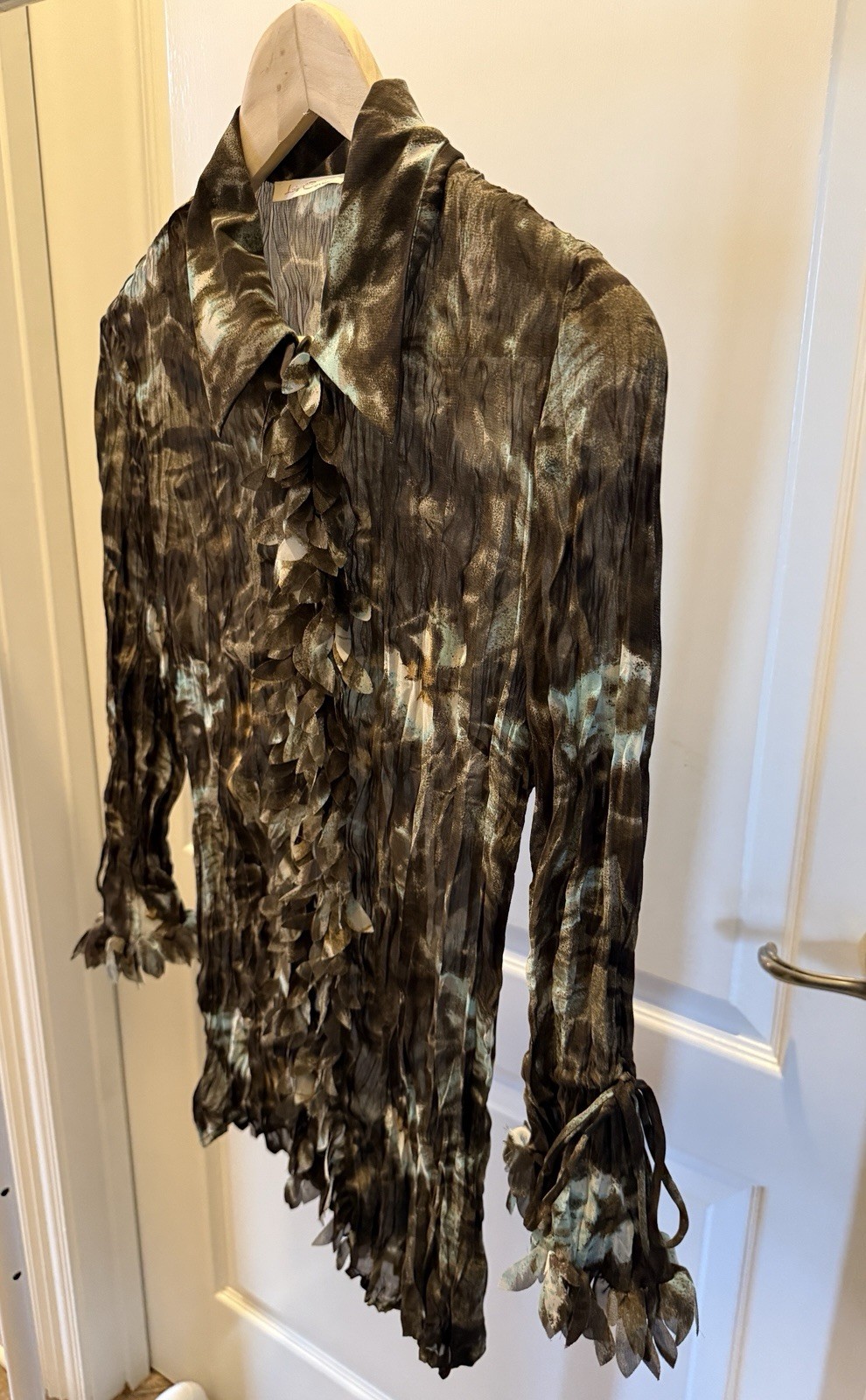 L.C. Women’s M Brown/Blue Abstract Sheer Chiffon Blouse Collared Ruffle