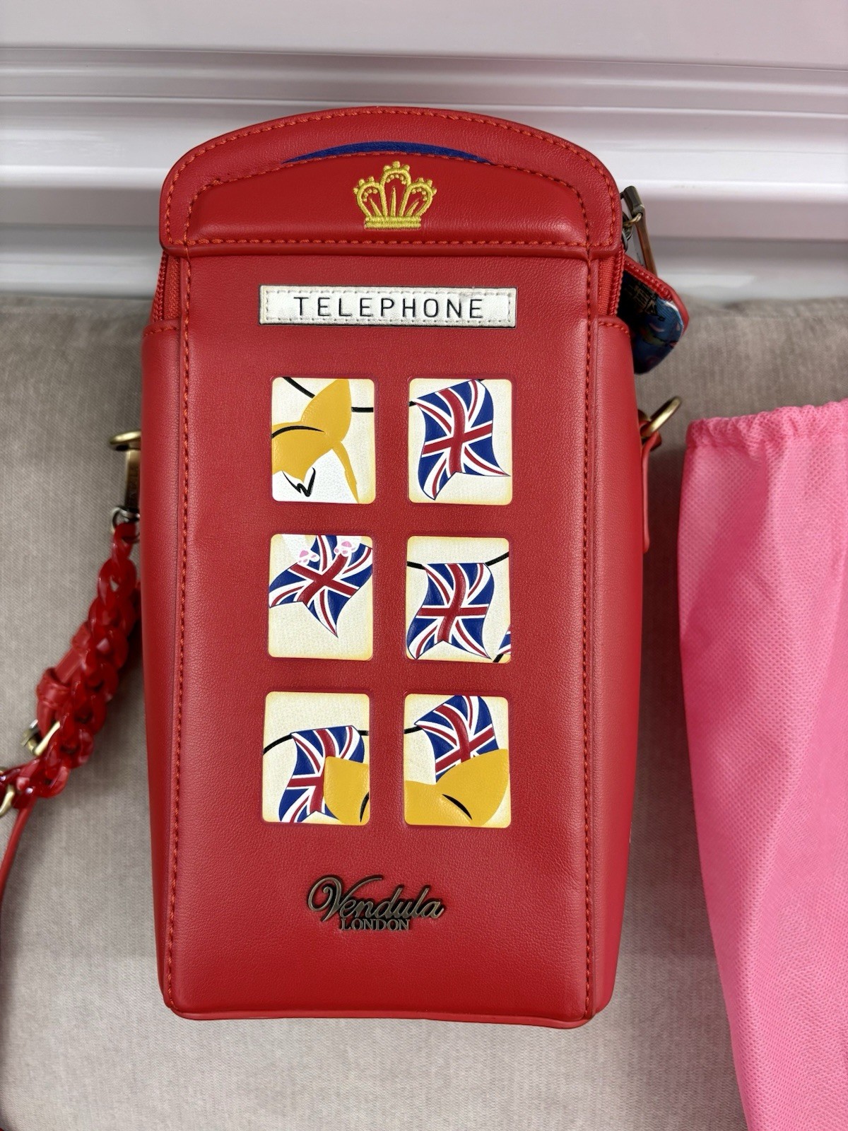 Vendula London Telephone Box Cats & Corgis Red Mini Crossbody Zip, Detach Strap