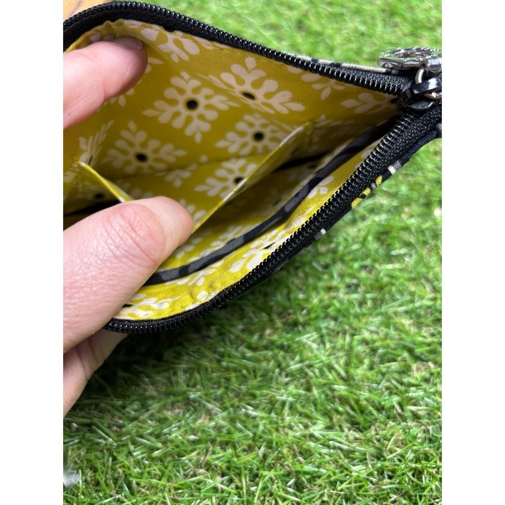 Womens Black Floral Print Wristlet Pouch with Ring Handle and Yellow Accents