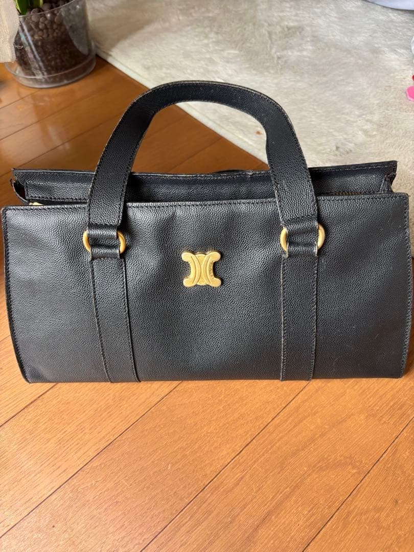 Celine Black Leather Handbag Vintage Gold Hardware Red Lining Auth