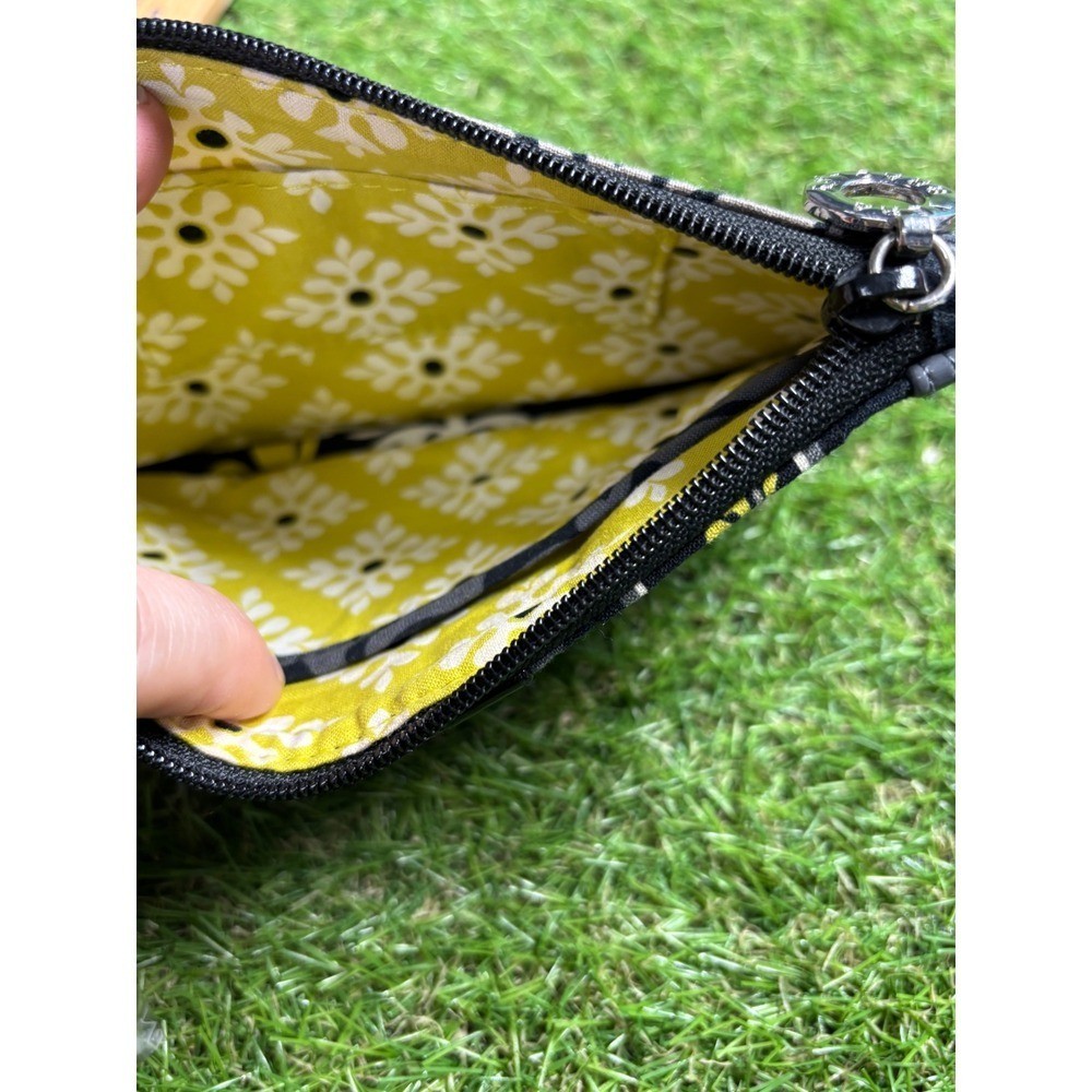 Womens Black Floral Print Wristlet Pouch with Ring Handle and Yellow Accents