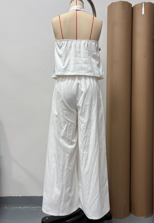 Women Sleeveless Halter Crop Top High Waist Wide Leg Pants 2 Piece Outfit Set