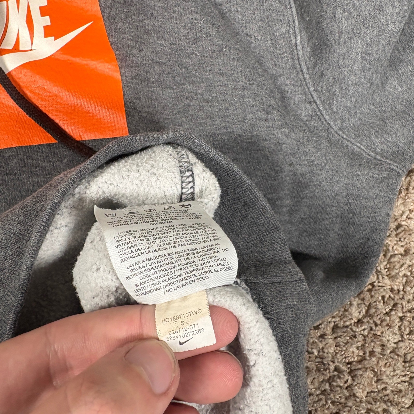 Nike Mens Charcoal Grey Orange Box Logo Pullover Hoodie Small 928719-071