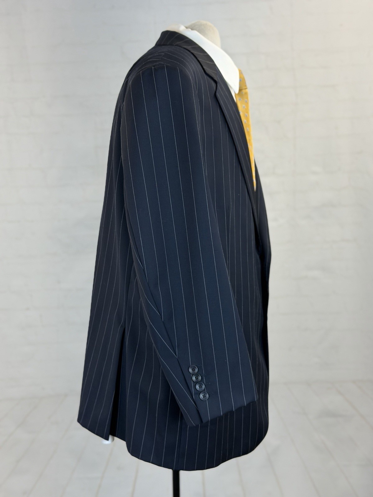 Coppley Canada Mens Dark Blue Striped 100% Wool Suit 48R 42X28 $1,098 Two Button