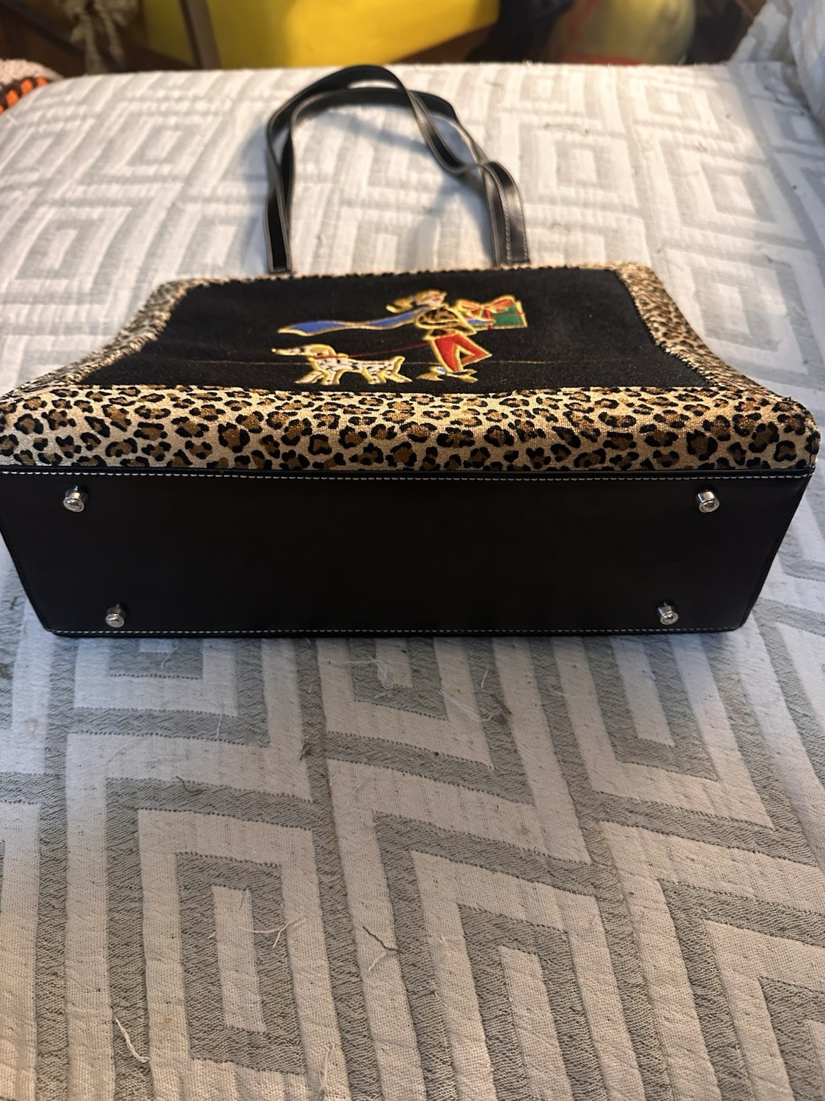 Vintage Retro Mary France Black Leopard Print Embroidered Woman Dog Hand Bag