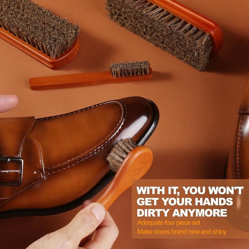 4-Piece Professional Horsehair Shoe Polish Brush Set Leather Care Cleaning New
