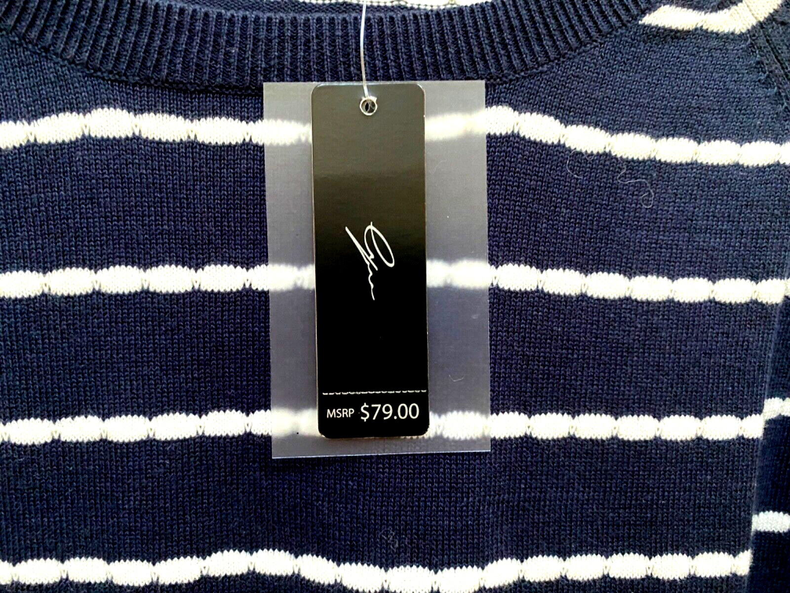 Lynn $79 Women’s M. Pullover Sweater Navy Blue w/White Pearl-Chain /Contrast Hem