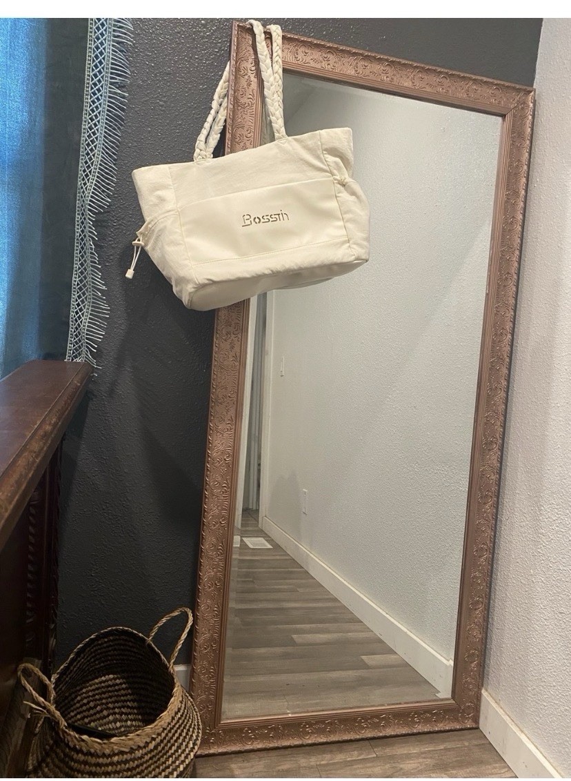 Bosstin Beige Tote Bag Zip Closure Braided Handles Inner Pockets Silver HW