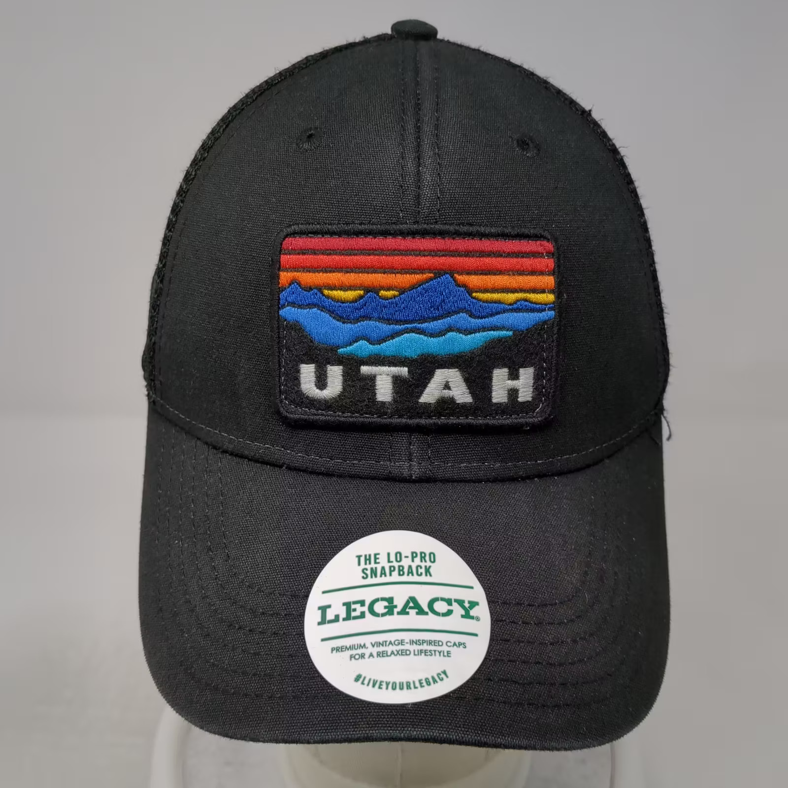 Legacy Trucker Hat Black OS Utah Embroidered Patch Mesh Snapback Lo-Pro Curved