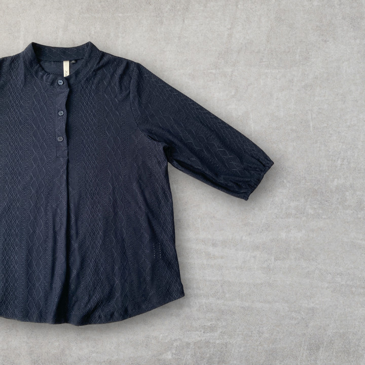 Geometric Eyelet Jersey Top Half Button 3/4 Sleeve Sheer Henley Pullover Blue