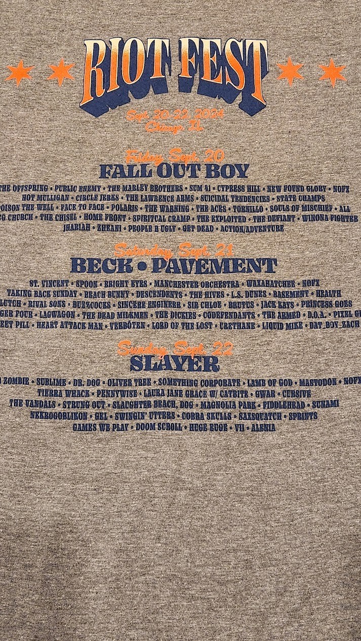 Riot Fest Chicago 2024 Gray T-Shirt Adult XL Fallout Boy Pavement Slayer