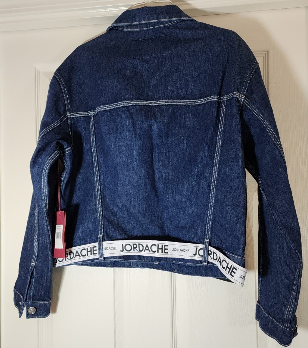 Jordache Womens Jean Jacket Crop Denim Blue Trucker 80s 90s Cotton Logo Lg