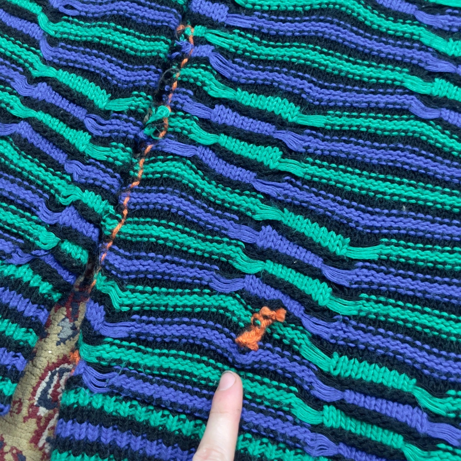 VTG 80s 90s Geometric Striped 3d Handmade Knit Sweater Green Black L-XL distress