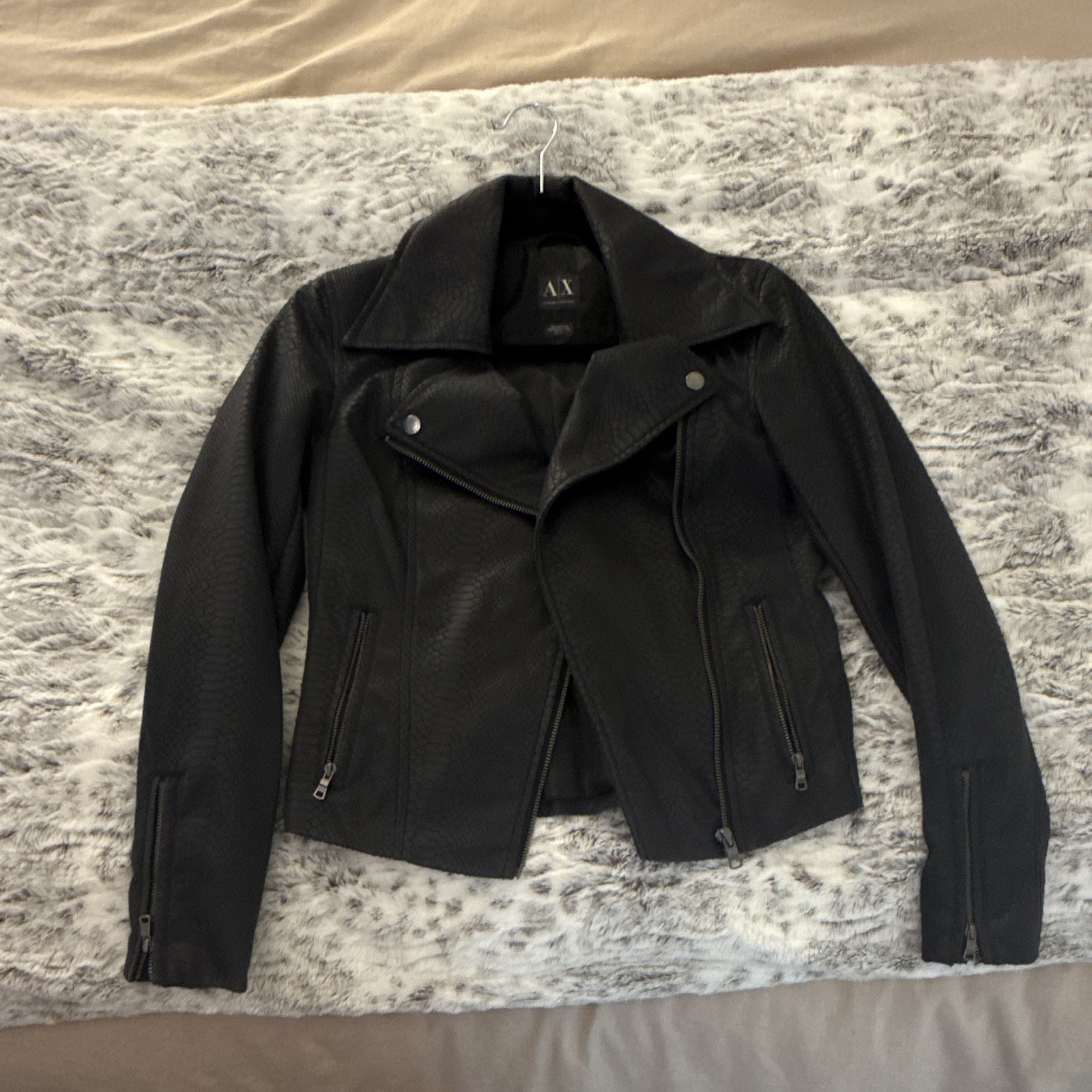 Armani Exchange Women’s Black Snakeskin Faux Leather Biker Moto Jacket XS