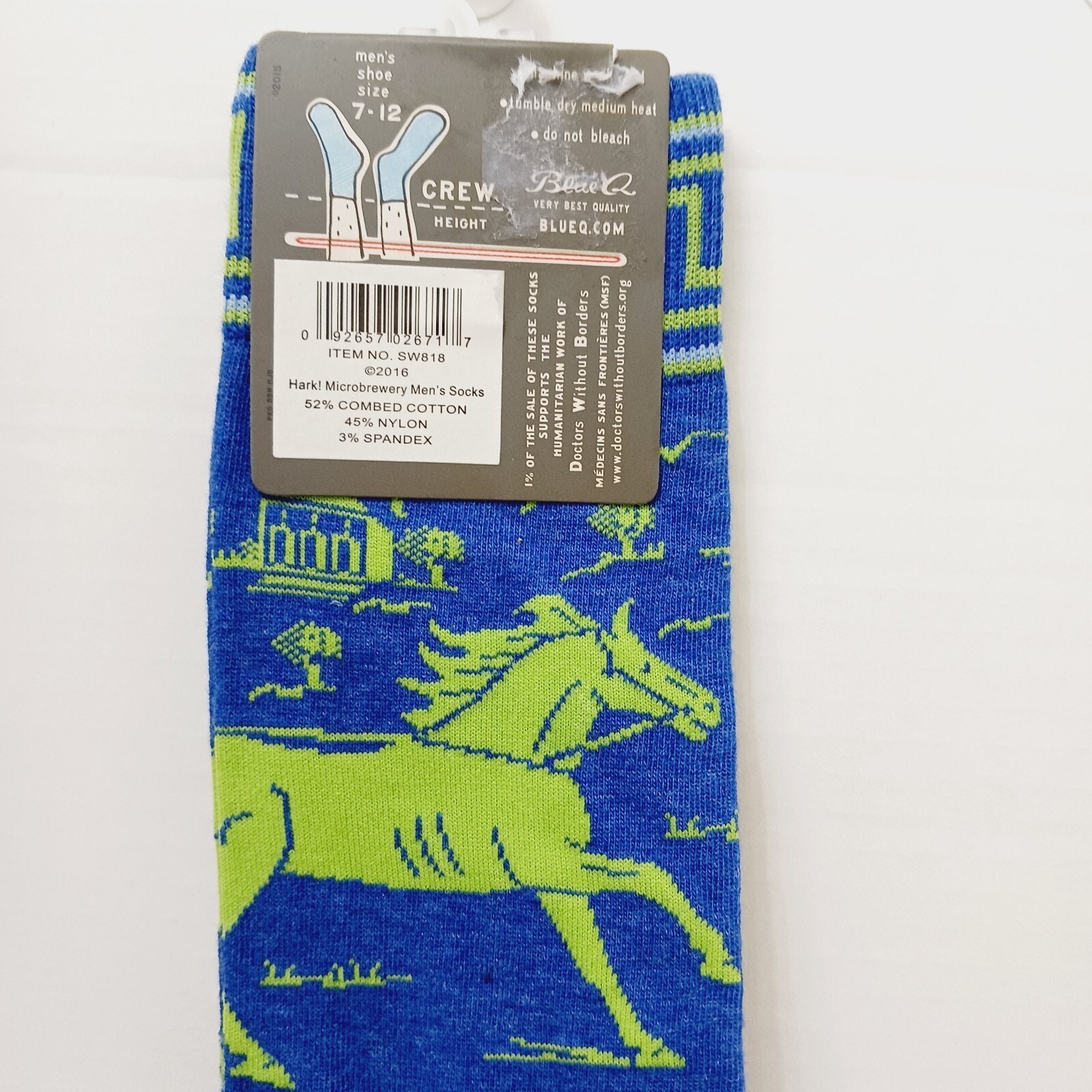 Sock Blue Q Crew Men Hark Microbrewery Chariot Horse Roman Greek Cotton Comfort