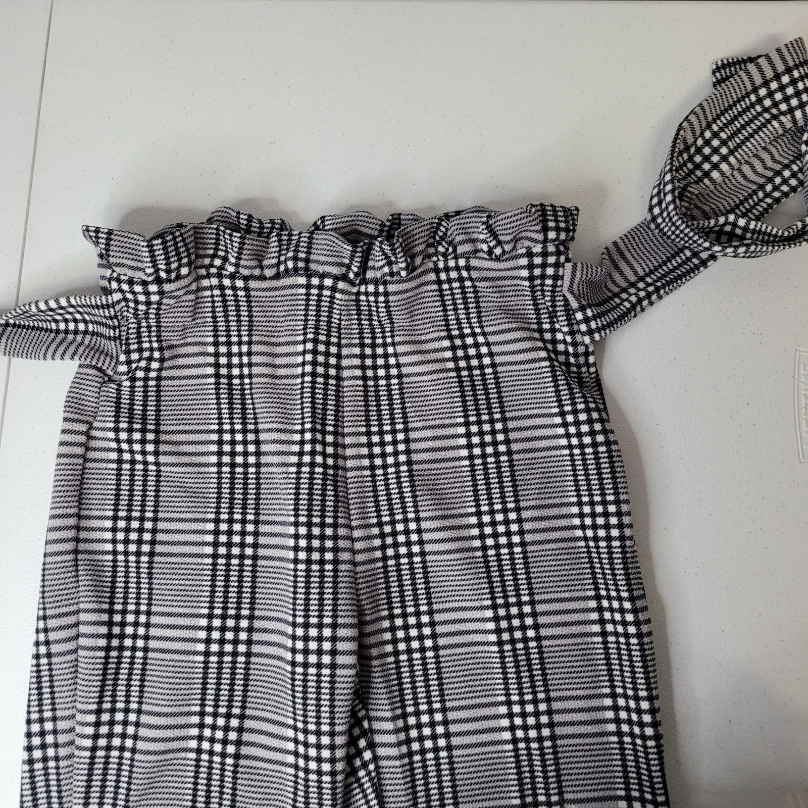Unbranded Womens Plaid Paperbag Waist Pants Black White Checkered Belted Small