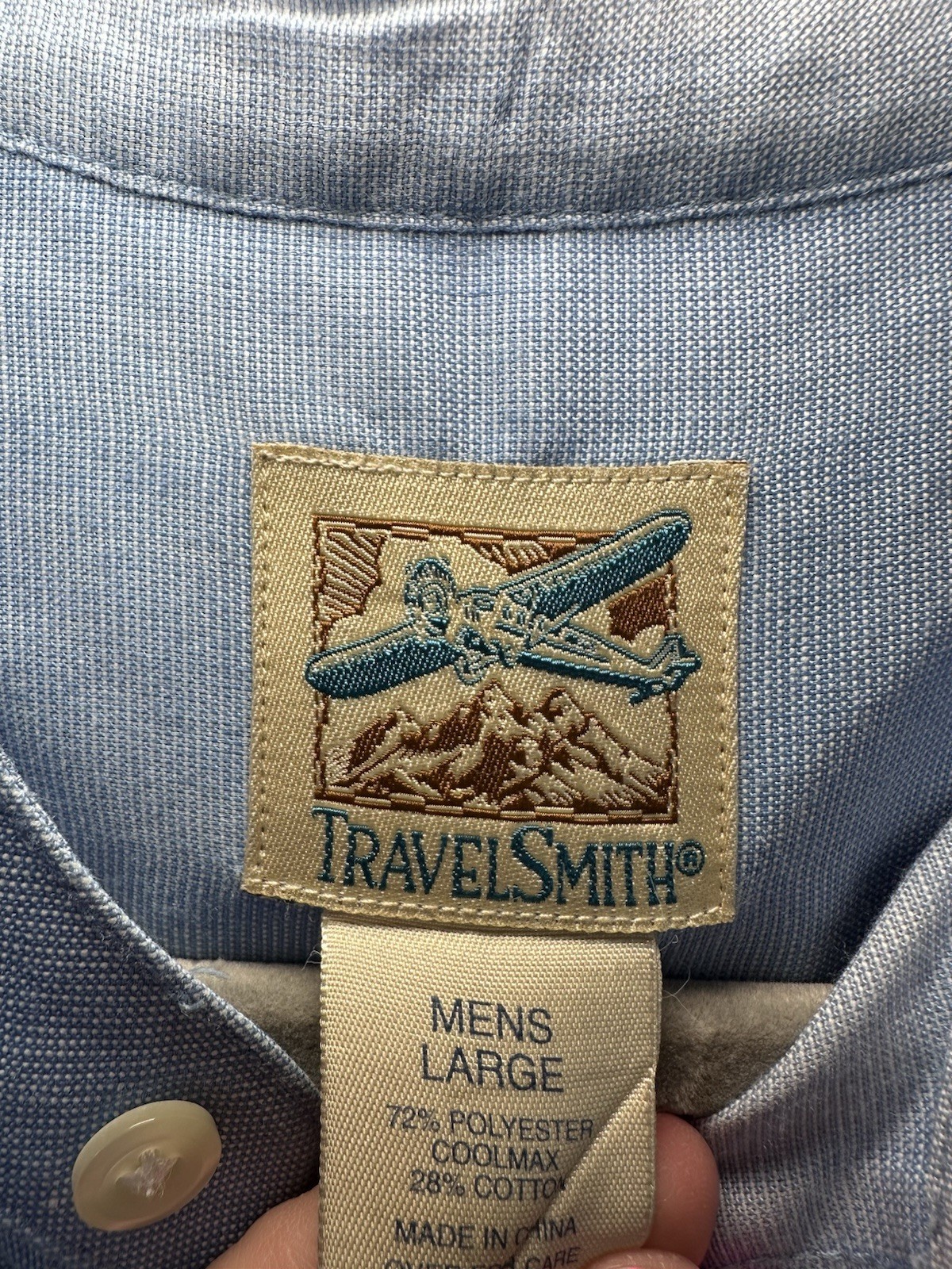 TravelSmith Regular Fit Blue Solid Poly/Cotton Band Collar Dress Shirt L
