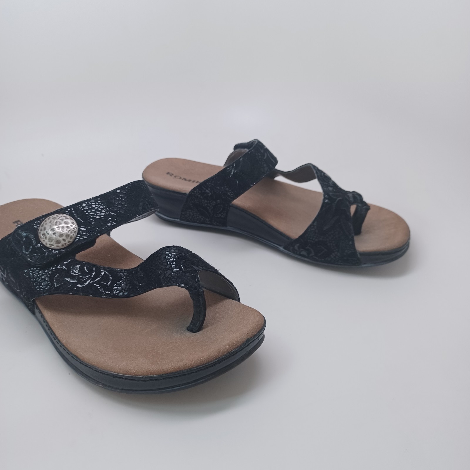 Romika Sandals Black Velvet Leather Comfort Wedge Germany Womens 38 or US 7.5