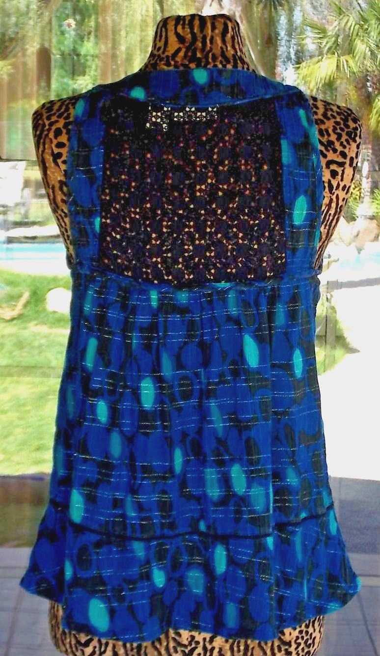 Bohemian Macrame Back Babydoll Style Sleeveless DKNY Shirt Sz. M 36″ Bust