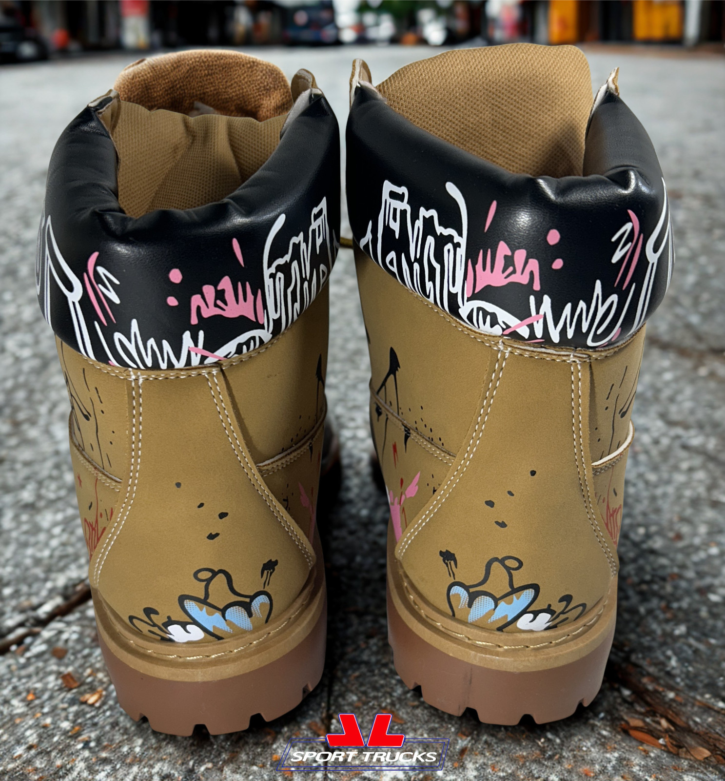 Men’s Brown Lace-Up Boots Size 9 US – Graphic Design Faux Leather Casual Fashion