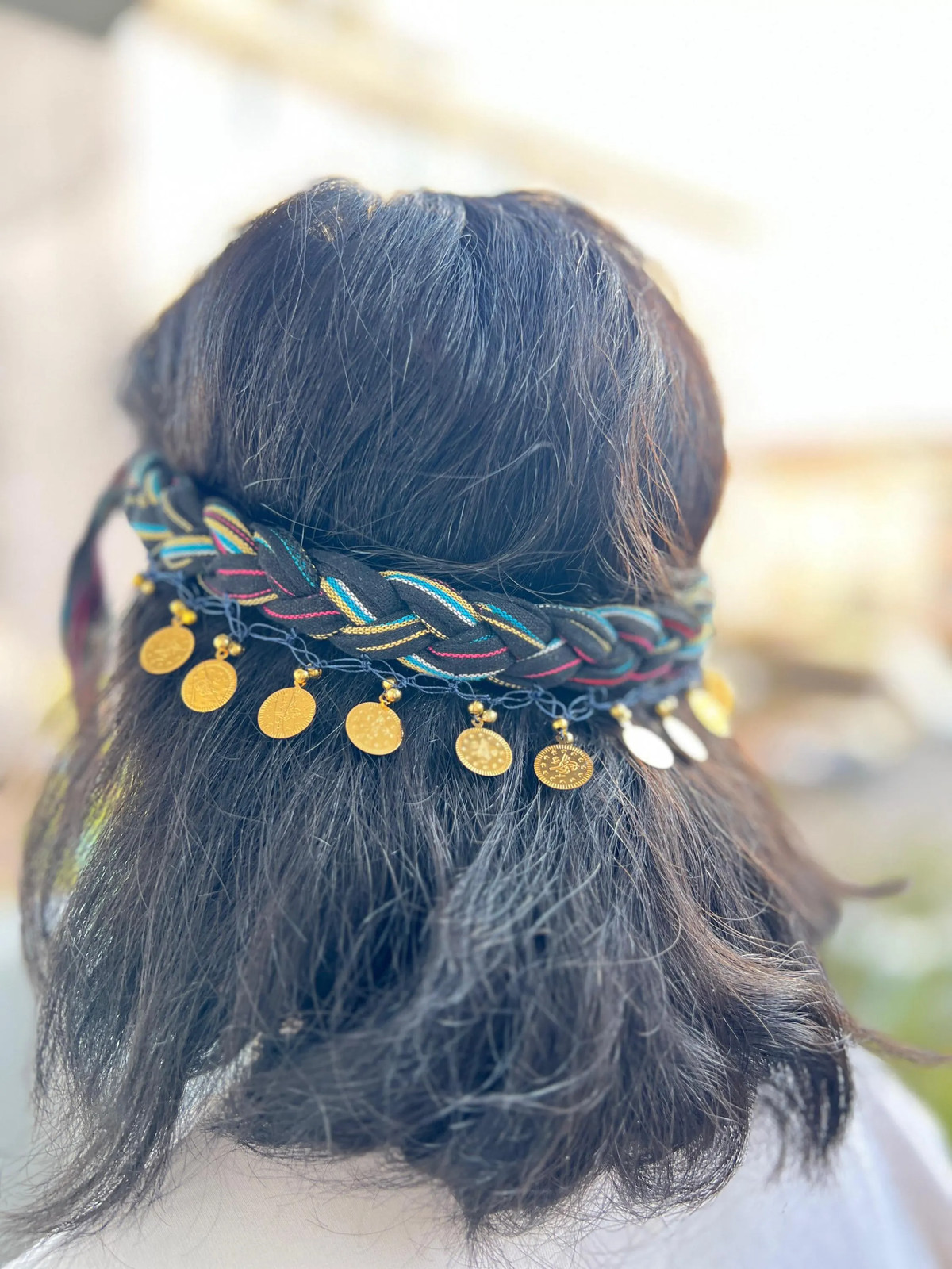 Bohemian Braided Hair Band with Gold Coin Charms Handmade Unique Boho Vintage