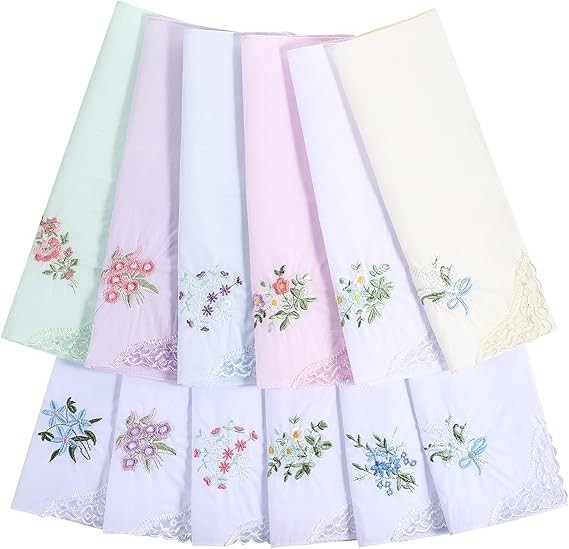 Vintage Floral Lace Handkerchiefs 12Pc Cotton Embroidery Hankies Wedding Gift