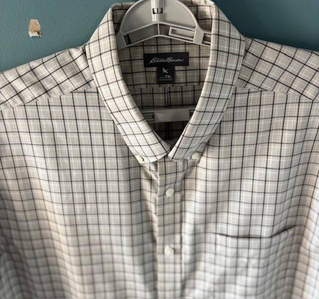Eddie Bauer Beige White Micro Check Plaid Short Sleeve Button Shirt Preppy XL