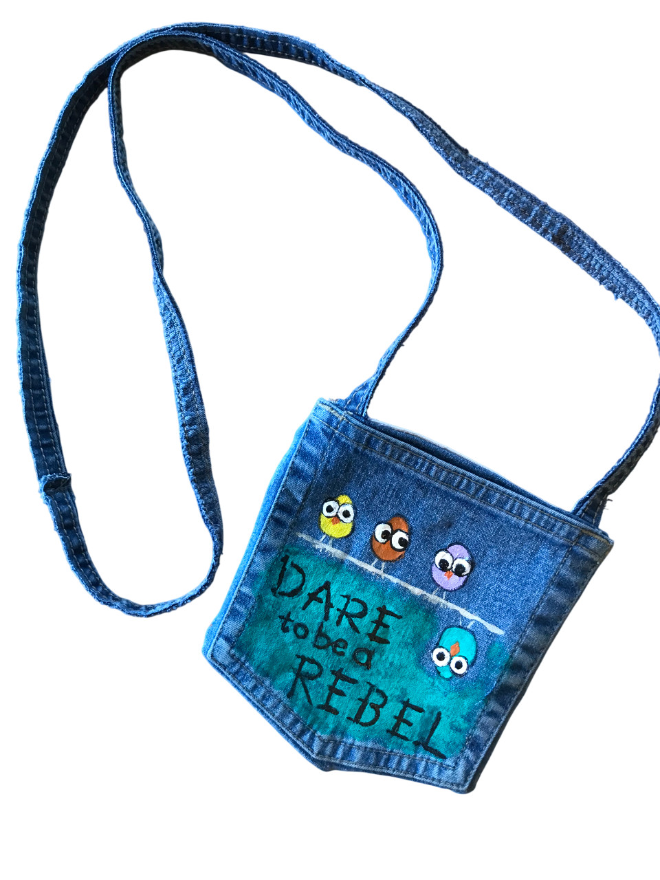 Crossbody Jean Purse, Handmade Over Shoulder Cell Phone Bag, Whimsical Birds