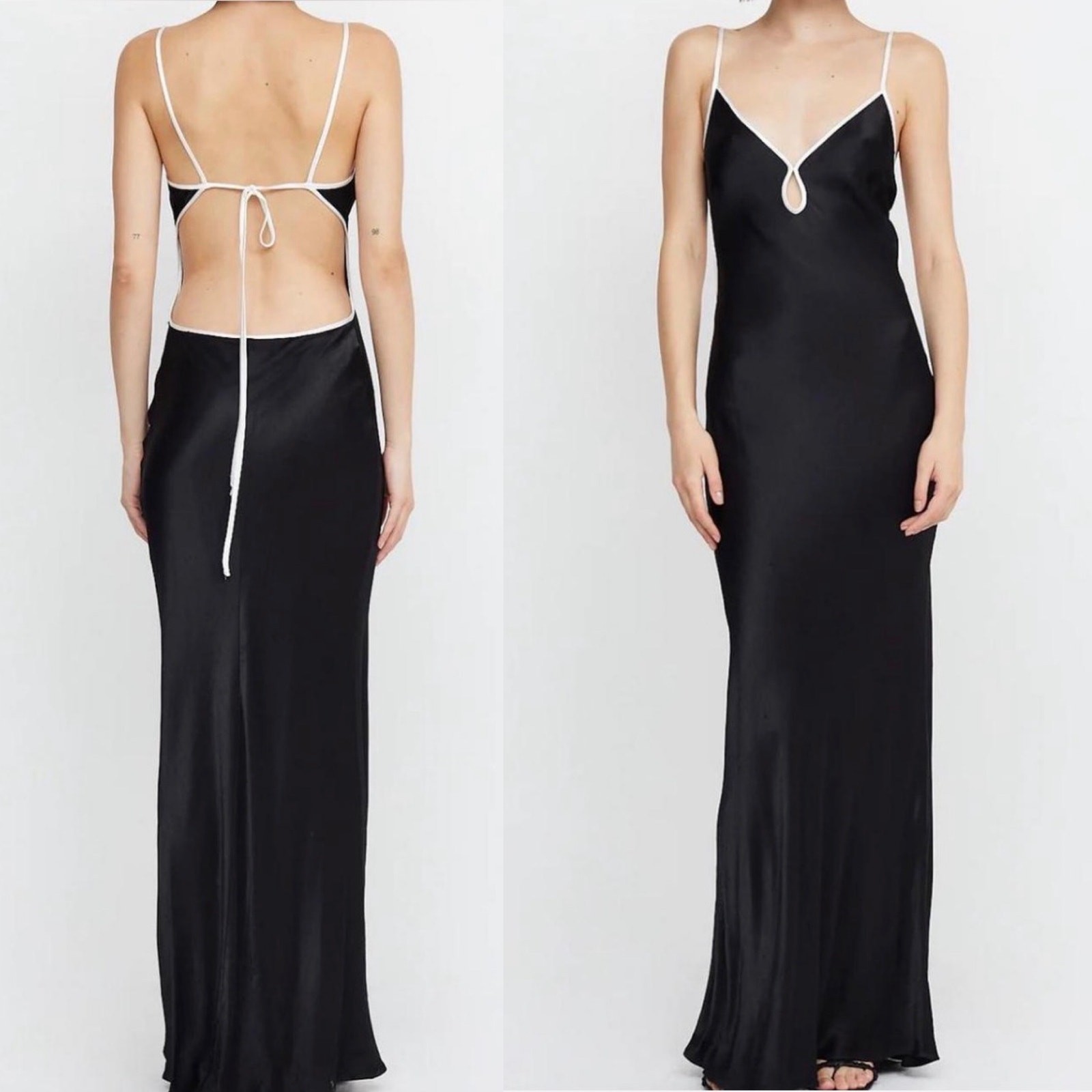 NWT Bec+Bridge Black Cedar City Maxi Dress Backless Silk Gown White Trim Size 6
