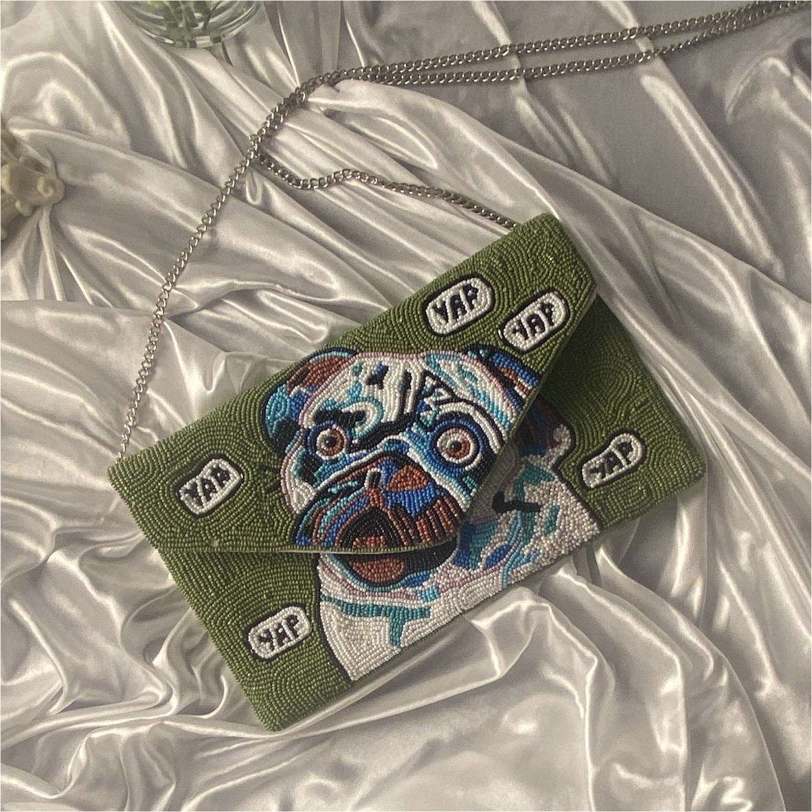 Beaded Embroidered Pug Dog “YAP” Shoulder Bag Green/White Silver Chain Strap