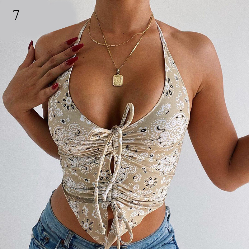 Summer New Women Halter Sexy Low-Cut Fashion Print Slim Tank Top Camisole Vest