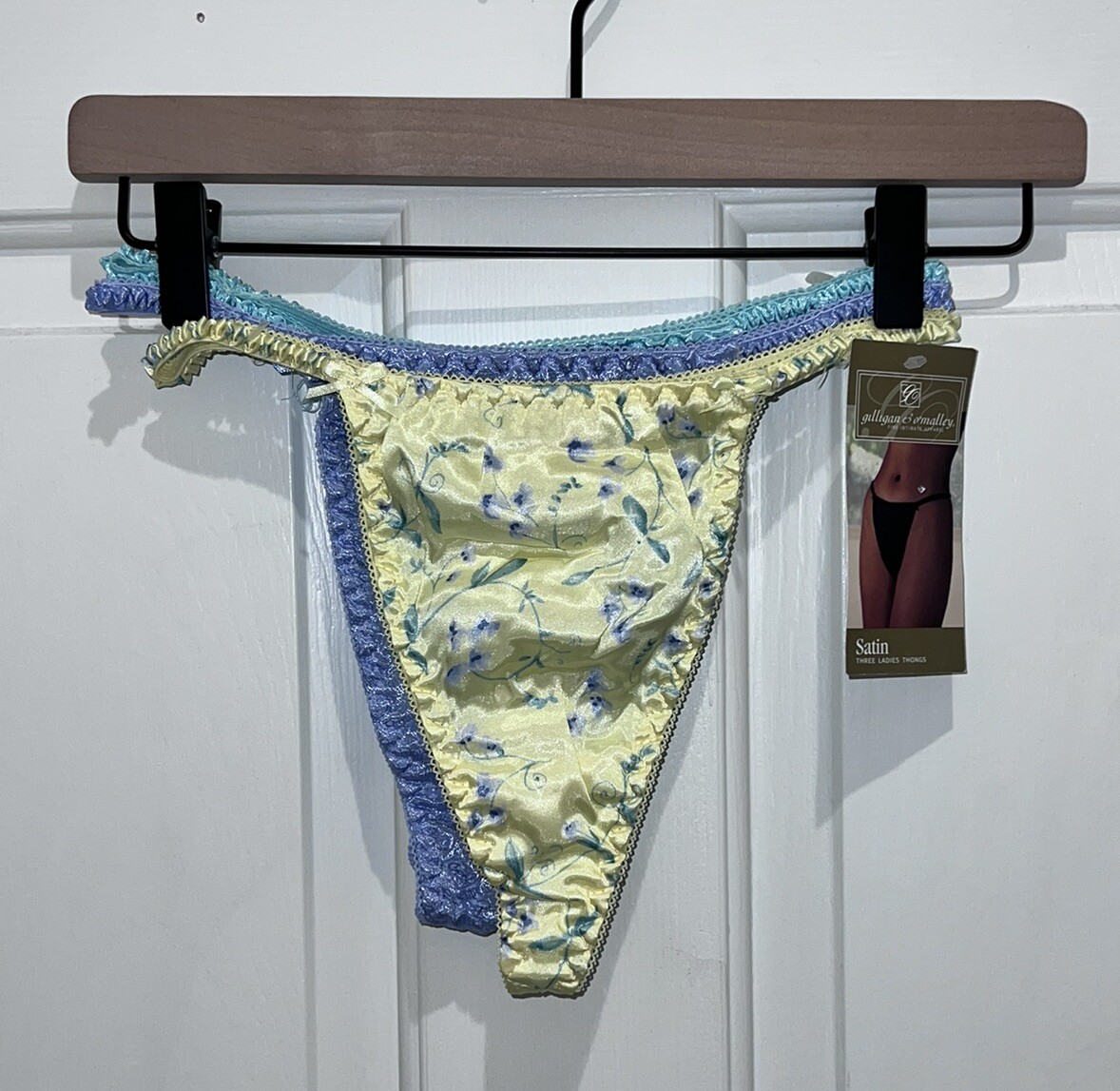 VTG Gilligan & O’Malley Satin Thongs 3 Pack M 6 Yellow Floral Purple Teal Sexy