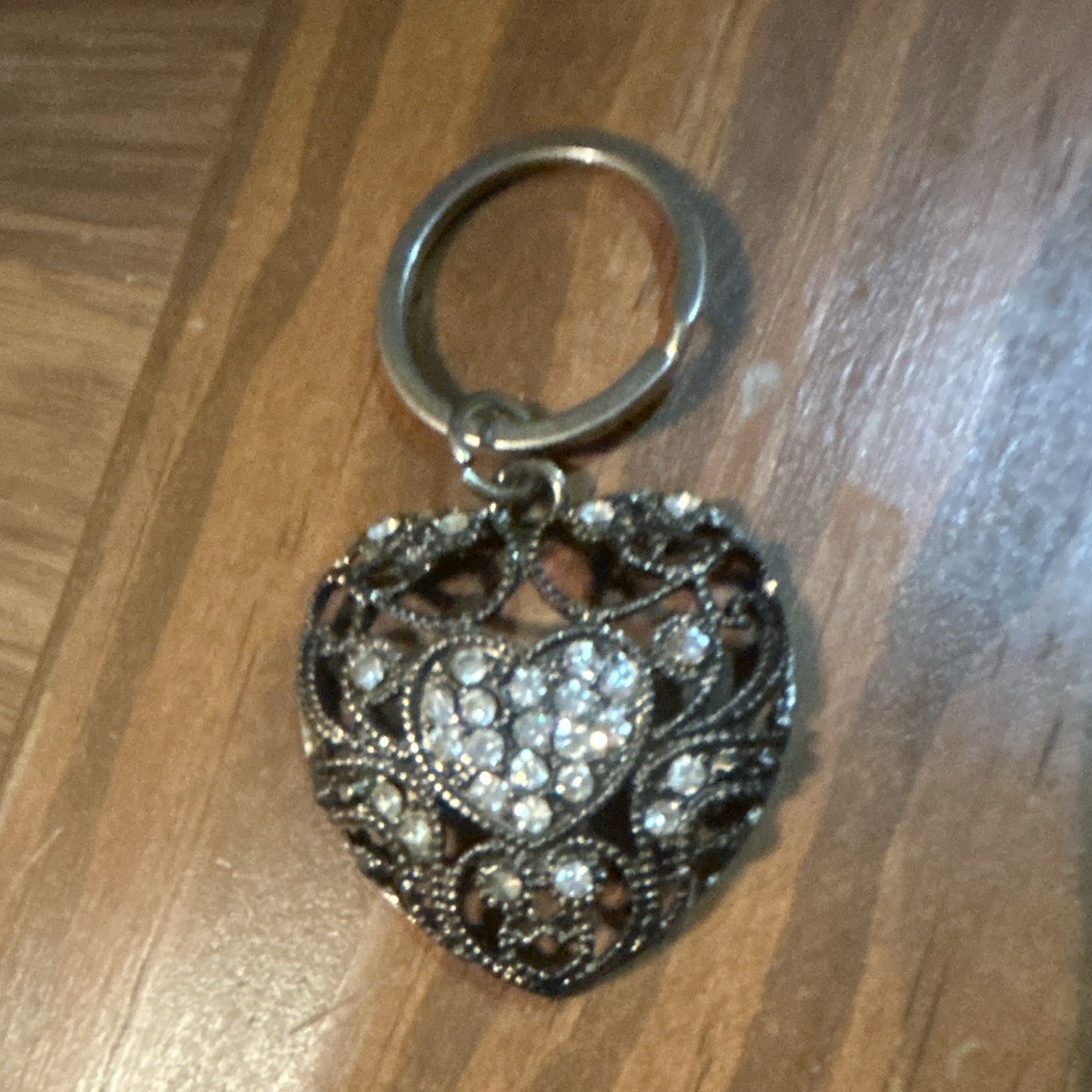 Silver Tone Metal Heart Charm Keyring with Rhinestone Accent, Women’s