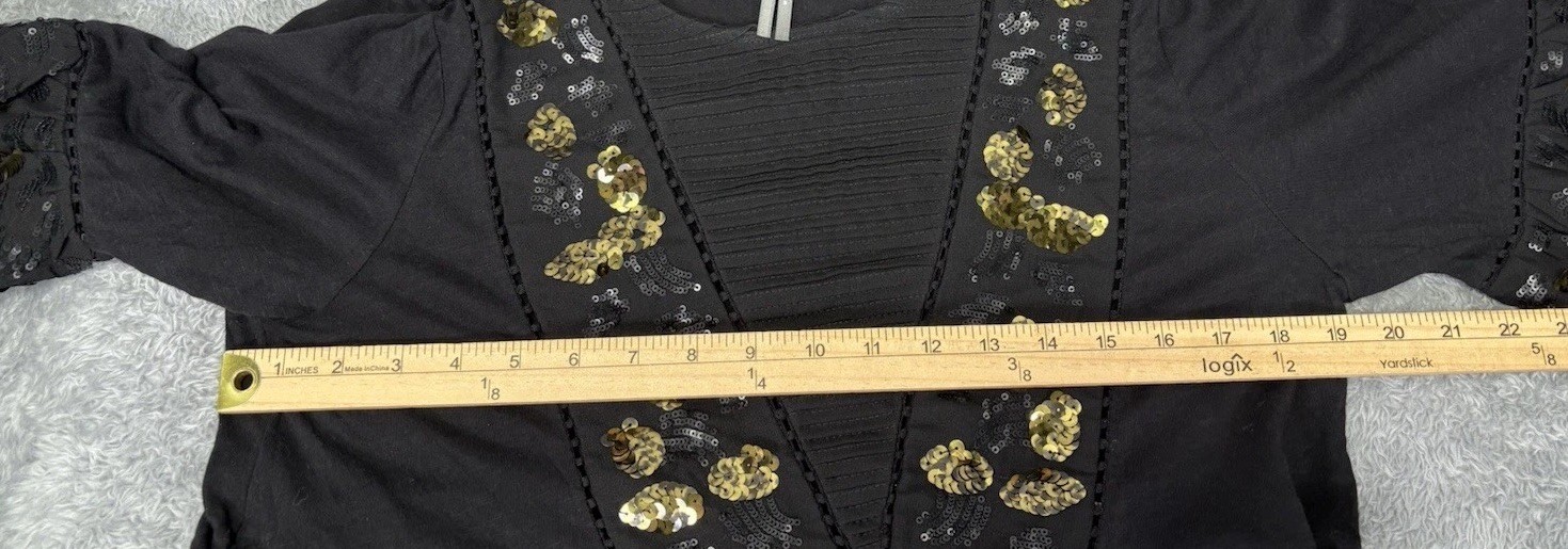 Anthropologie Womens Medium Black Sequin Embellished Peplum Top Balloon Sleeve