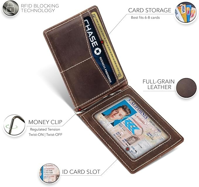 SERMAN BRANDS Rogue AirTag RFID Blocking Leather Money Clip Bifold Wallet Brown