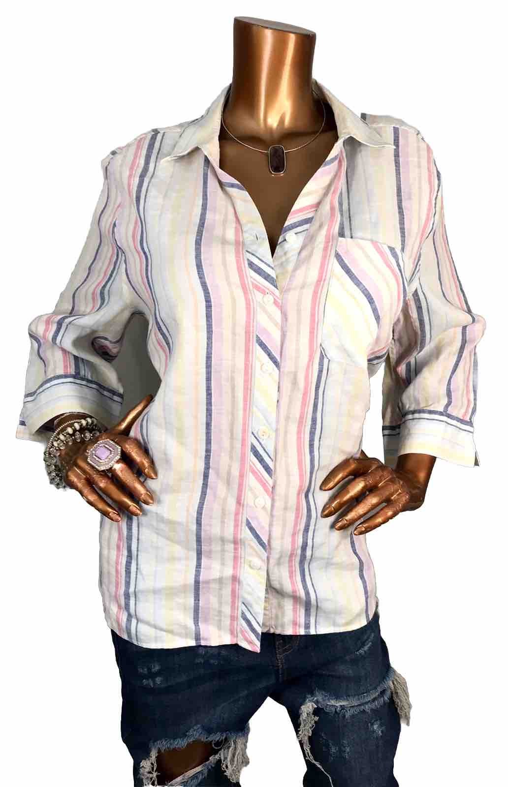 Chico’s 3 or XL Top Striped Soft 100% Linen Button Up Shirt 3/4 Sleeves Low Cut