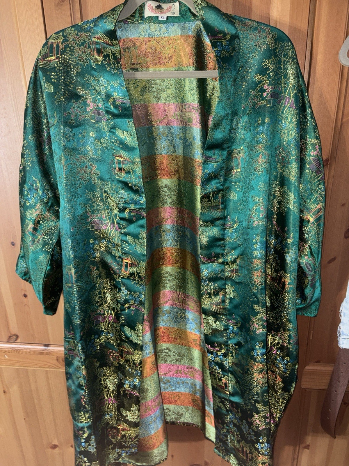 Women’s Green Satin Floral Kimono Robe V-Neck 3/4 Sleeve Tie Belt XL