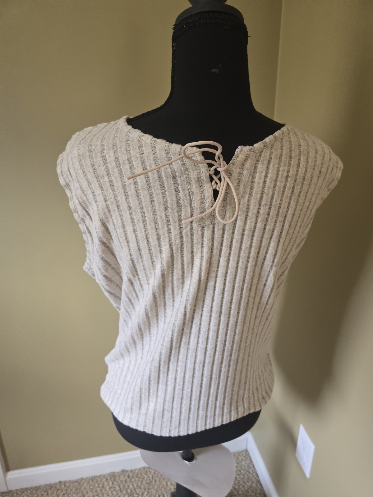 Gray White Striped Knit Lace-Up Back Sleeveless Blouse for Women