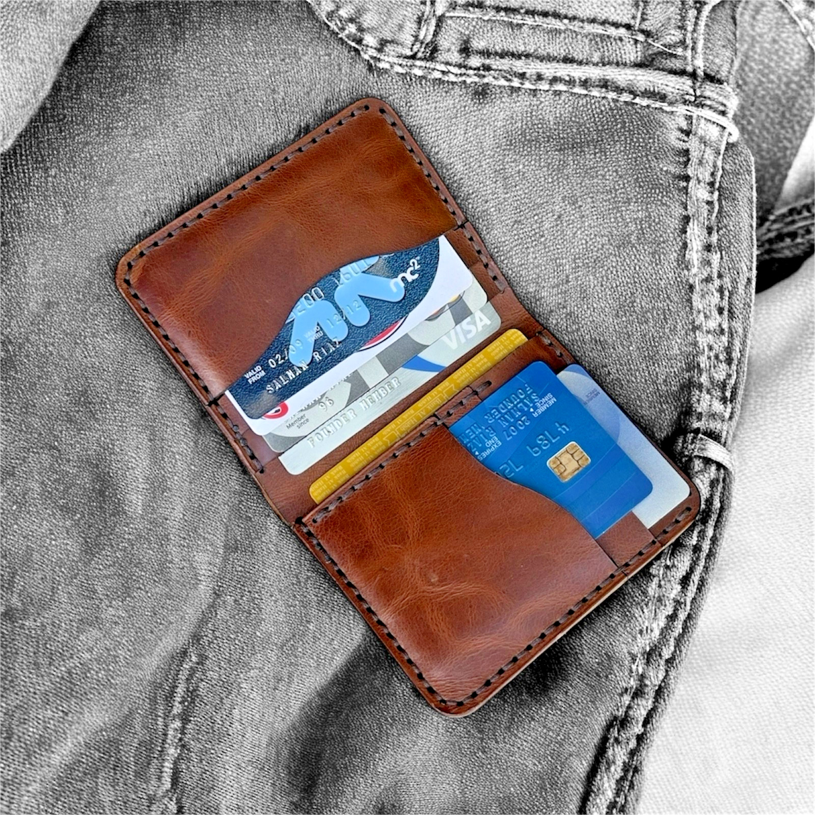 Vintage Leather Mens Slim Bifold Handmade Card Holder RFID Blocking Wallet