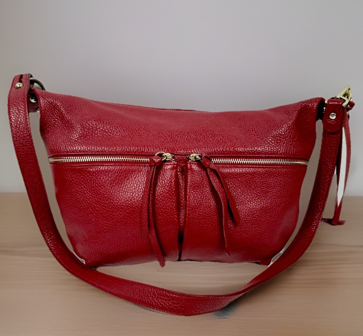 J & C Red Leather Crossbody Bag w/Gold Hardware Jackie Celine Made In Italy