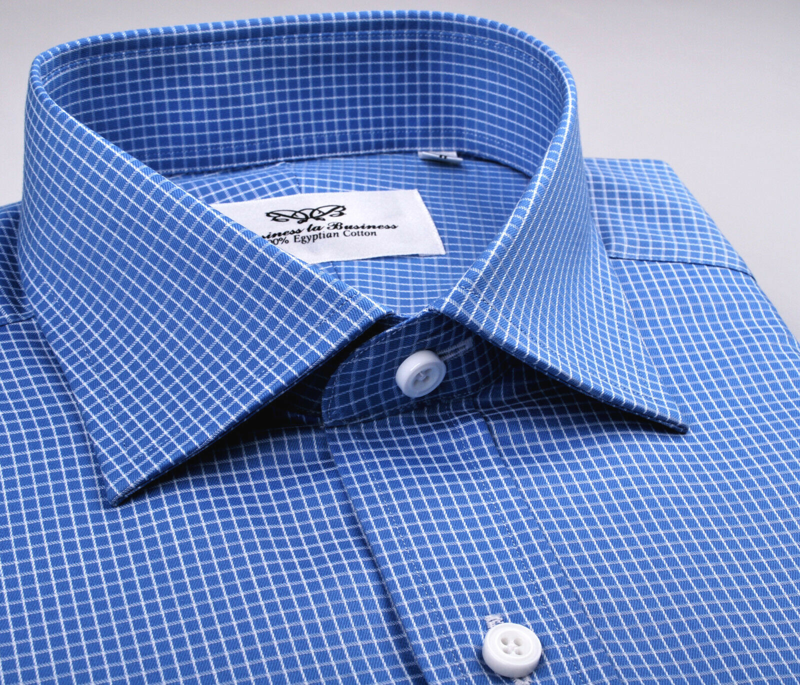 Blue Checkered Dress Shirt Luxury Business Button Cuff Soft Easy Iron Fabric