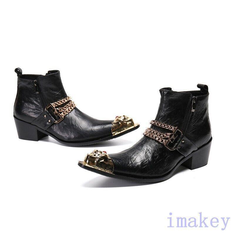 Mens Leather Ankle Boots Pointed Toe Chain Decor Nightclub Party Casual Shoes SZ