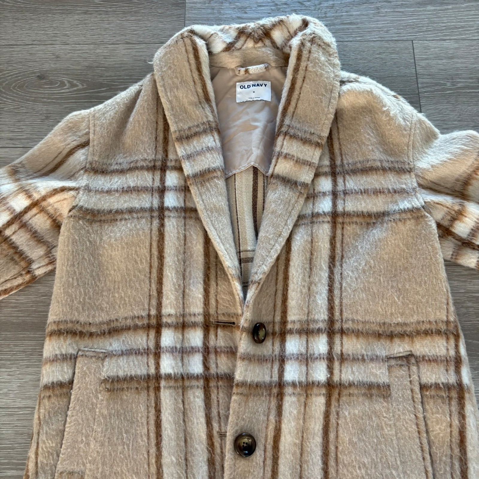 Old Navy Womens Beige White Plaid Button-Front Classic Winter Overcoat Size M