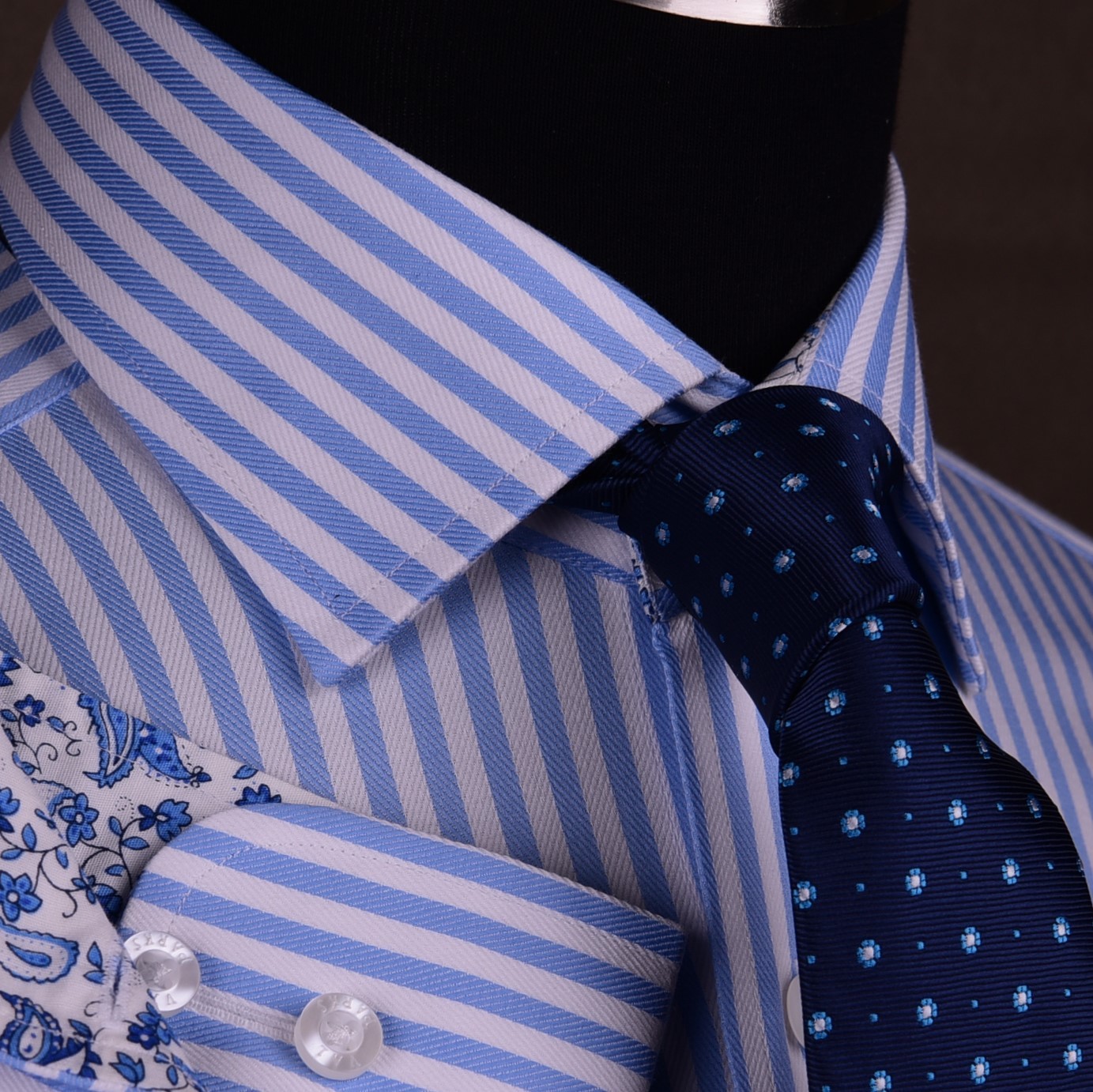 Mens Blue Formal & Business Dress Shirt Herringbone Twill Striped Floral Paisley