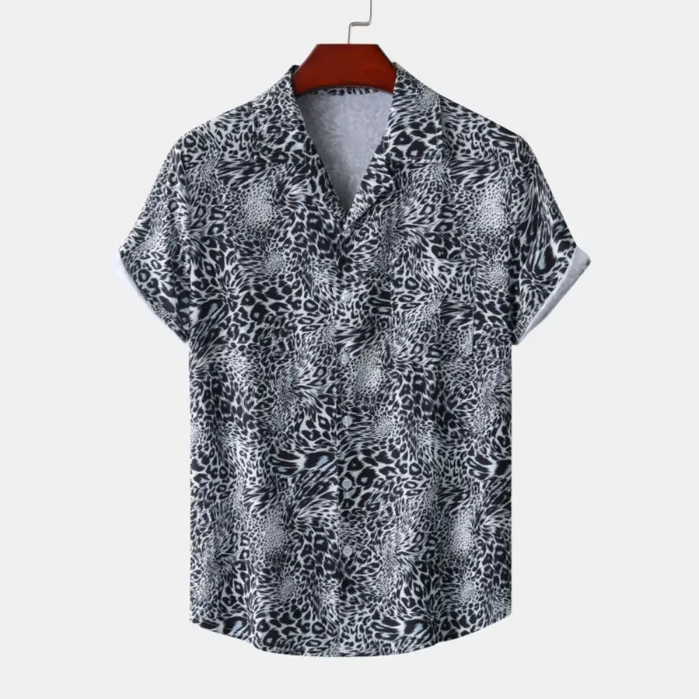 Men’s Leopard Print Oversized Short Sleeve Button-Up Shirt with Lapel